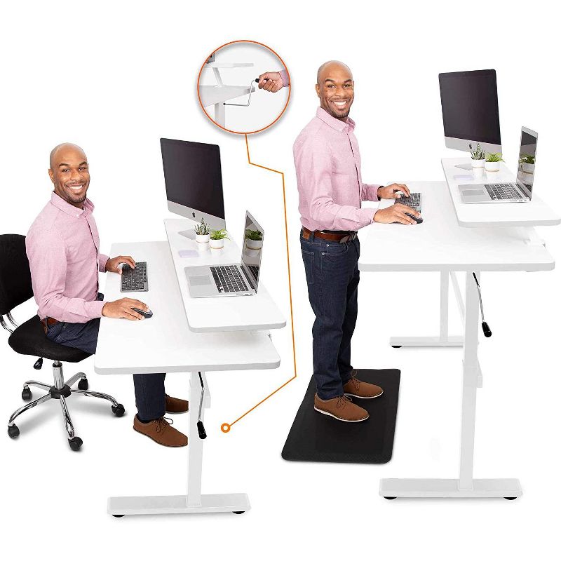 Tranzendesk Standing Desk with Clamp-On Shelf - 55" Sit to Stand Workstation with 55" Monitor Stand - White - Stand Steady