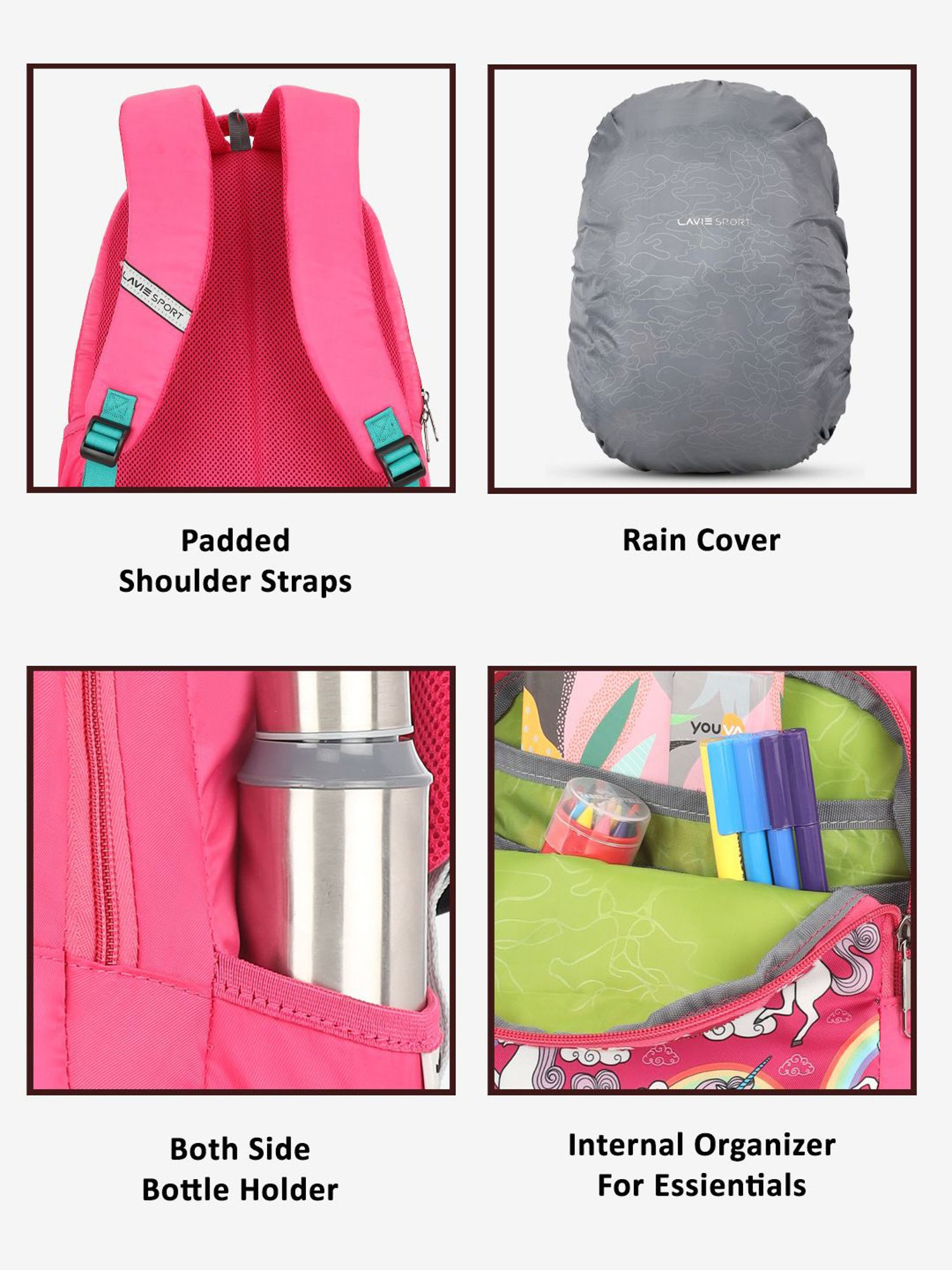 Lavie Sport Unicorn Rainbow 26L Printed School Backpack for Girls (Magenta)