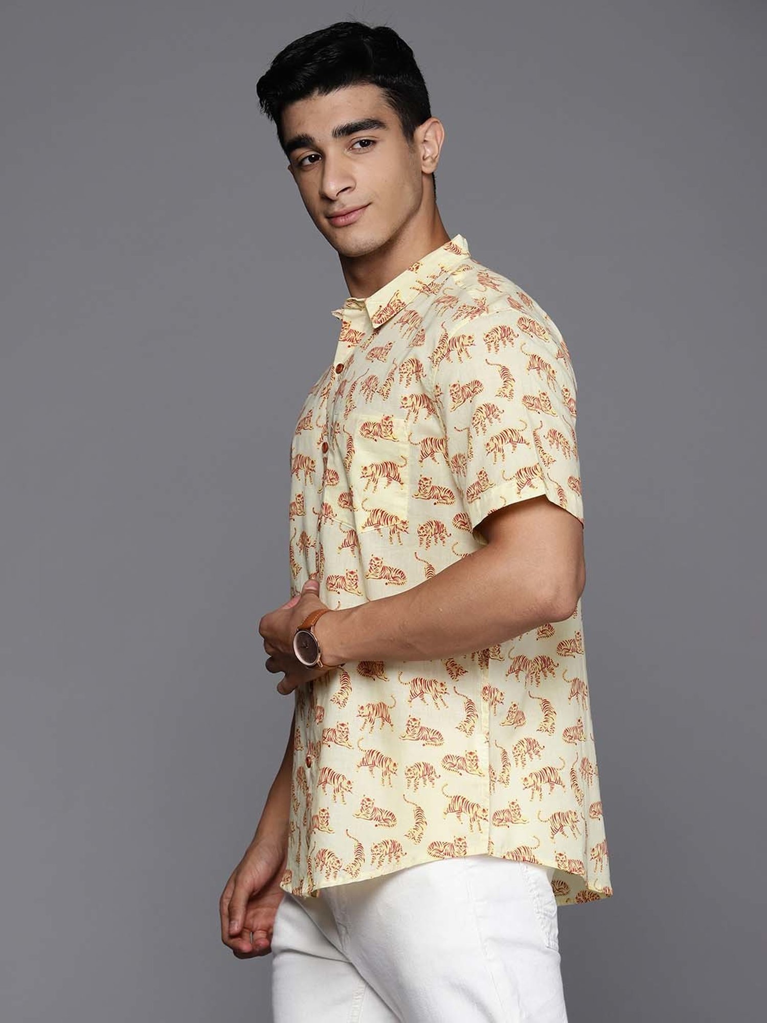 Indo Era Light Yellow Regular Fit Printed Ethnic Shirt