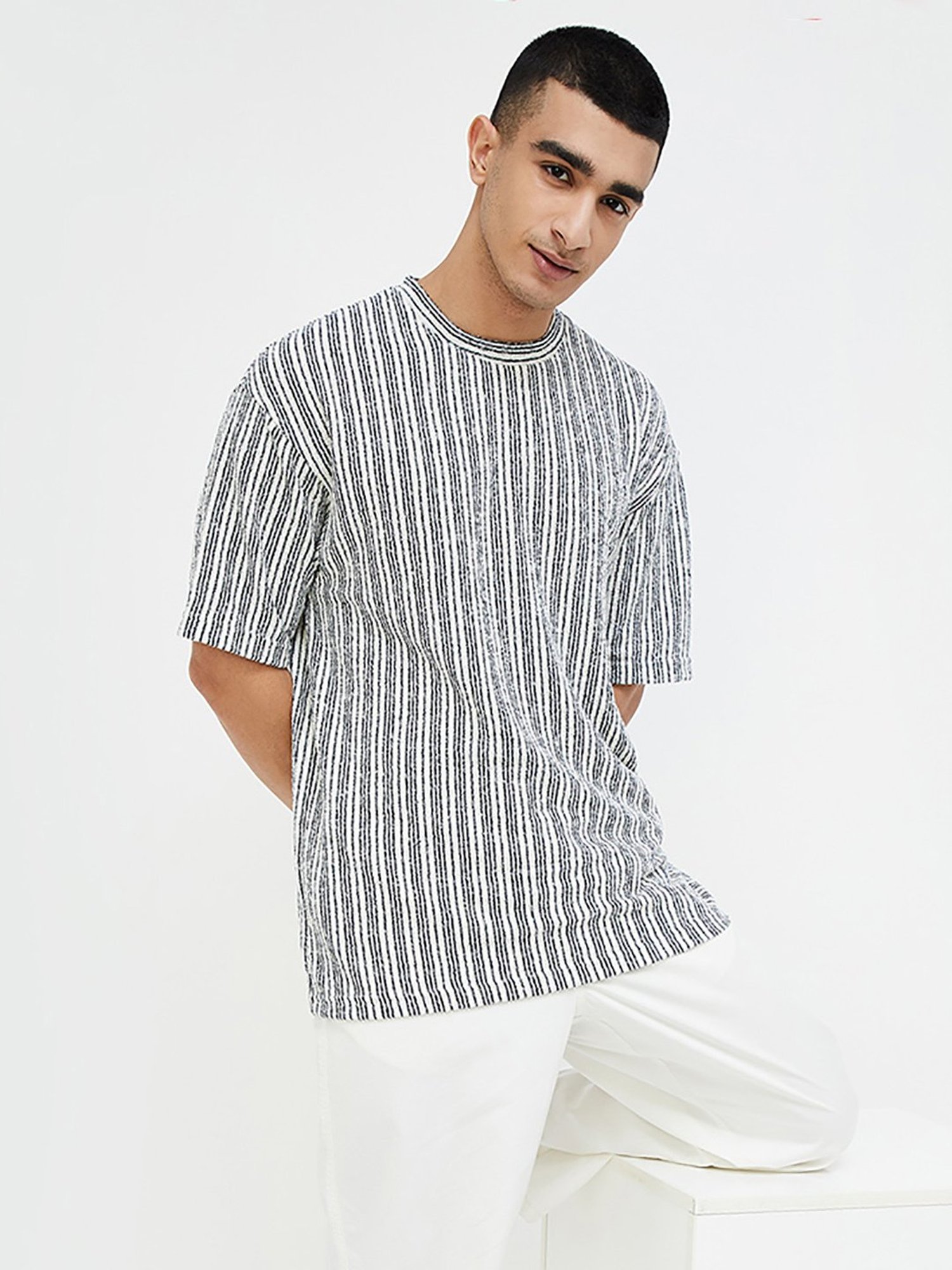 Forca by Lifestyle White Regular Fit Striped Crew T-Shirt