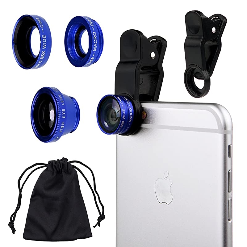 Universal 3 in 1 Cell Phone Camera Lens Kit for Smartphones Including Fish Eye Lens 2 in 1 Macro Lens Wide Angle LensUniversal ClipCarry PouchMicrofiber Cleaning Cloth