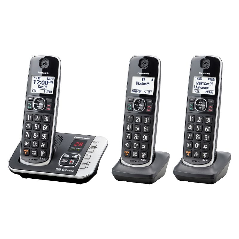 Panasonic Cordless Phone with Link to Cell and Digital Answering Machine, 3 Handsets - Black (KX-TGE663B)