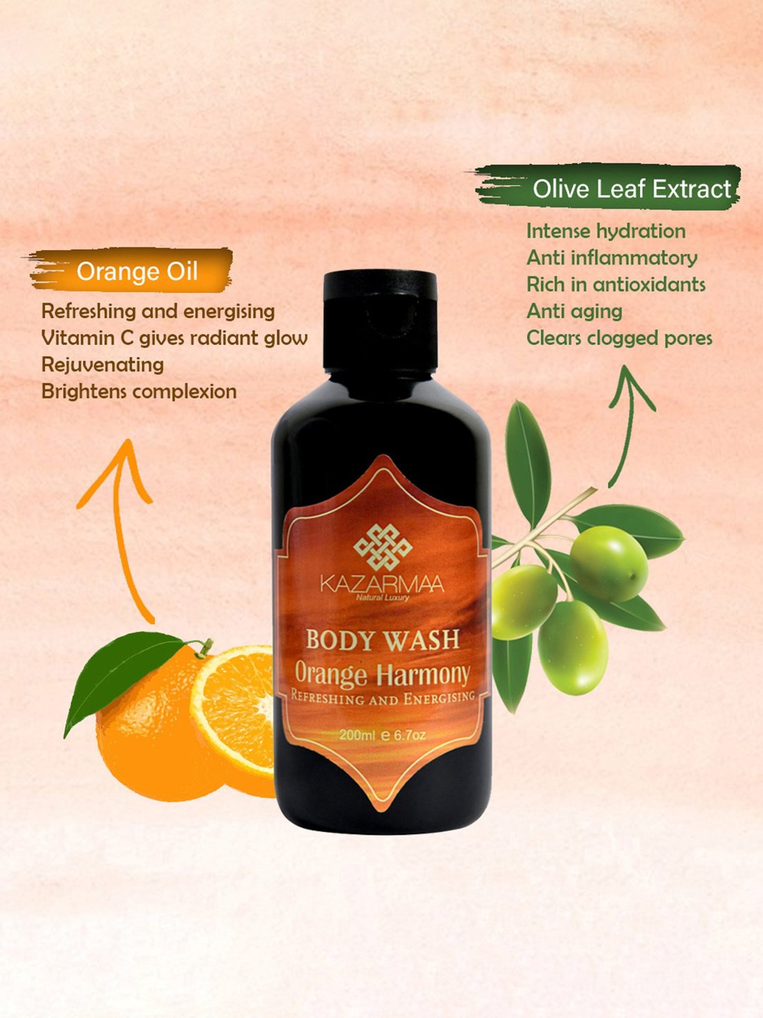 Kazarmaa Refreshing & Energizing Orange Harmony Body Wash with Loofah - 200 ml