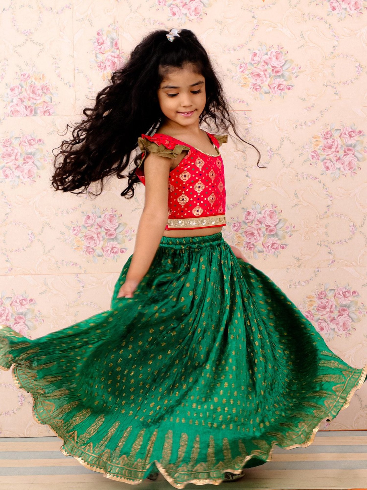 TWISHA Kids Red & Green Self Design Top with Ghagra