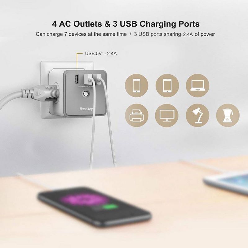 Huntkey 2 x SMC007 Surge Protecting Multiport Electrical Outlet Extender/Adapter Cube with 4 AC Plugs and 3 USB Charger Ports, White/Grey (2 Pack)