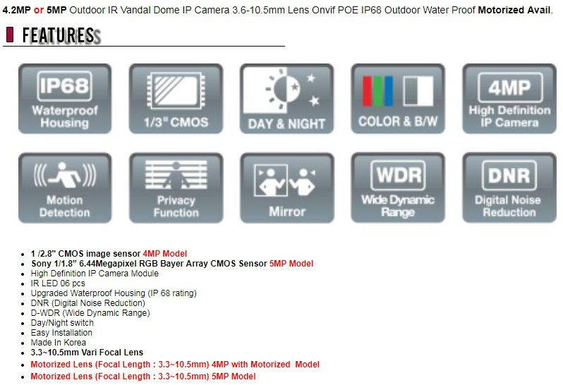 5MP Outdoor IR Vandal Dome IP Camera 3.6-10.5mm Lens Onvif POE IP68 Outdoor Water Proof Motorized Avail.