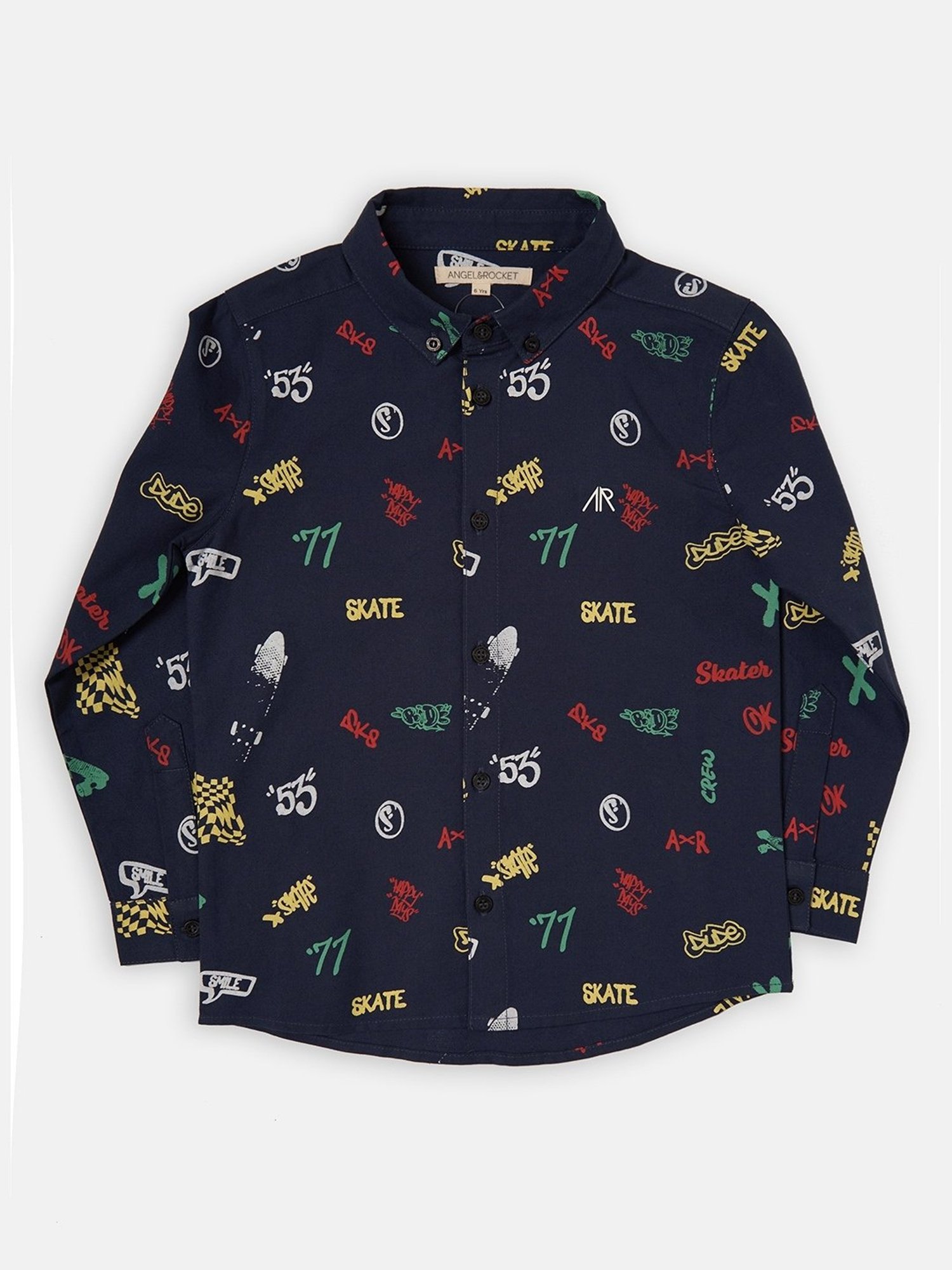 Angel & Rocket Kids Navy Cotton Printed Full Sleeves Shirt