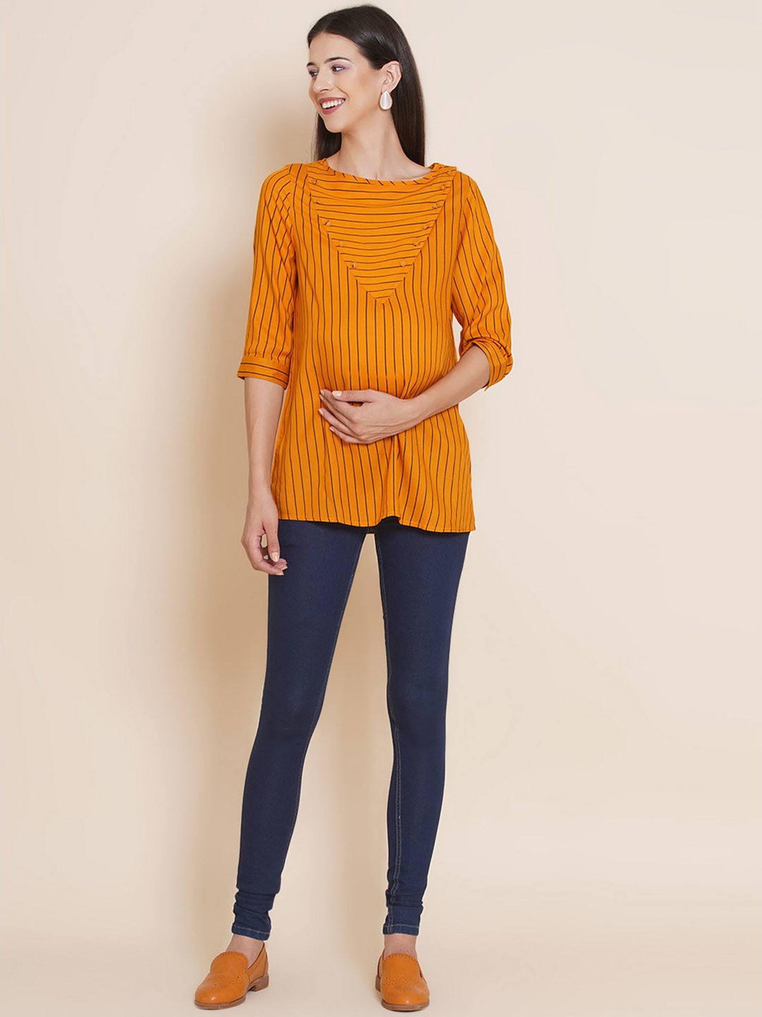 Mine4Nine Mustard Striped Maternity Top