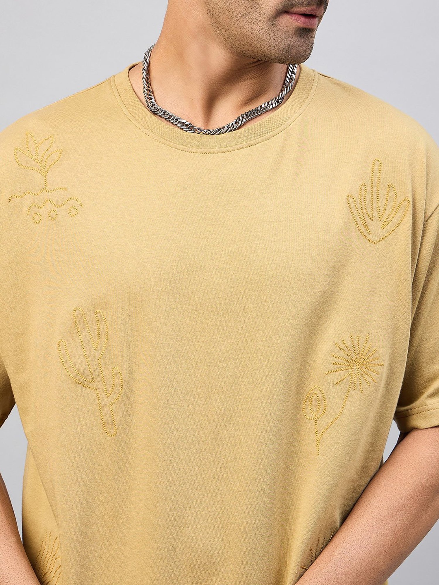 Club York Beige Regular Fit Embroidered Crew T-Shirt