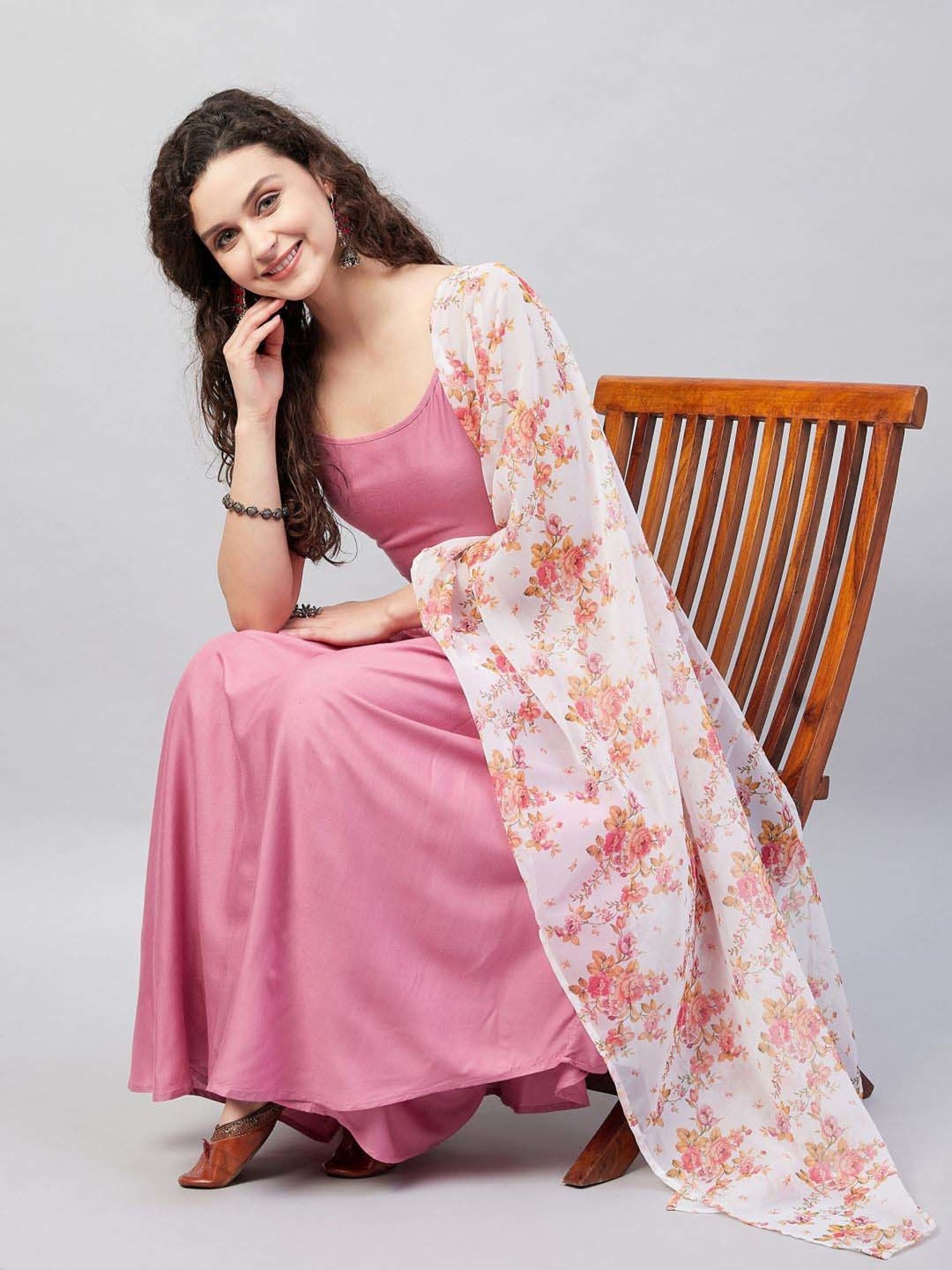 Inweave White & Orange Floral Print Dupatta