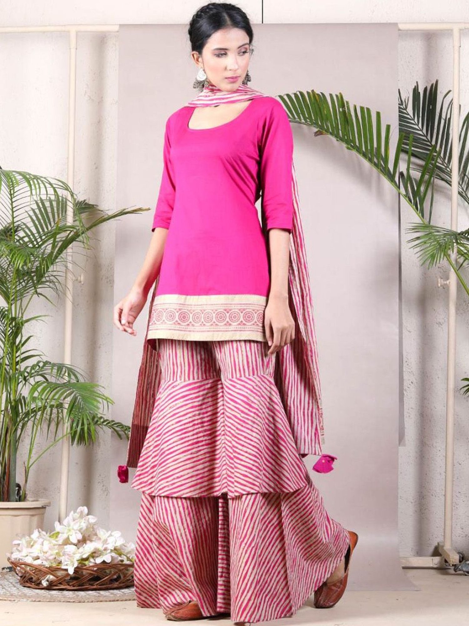 Rustorange Magenta & Beige Kurta & Ruffle Pant Set with Dupatta