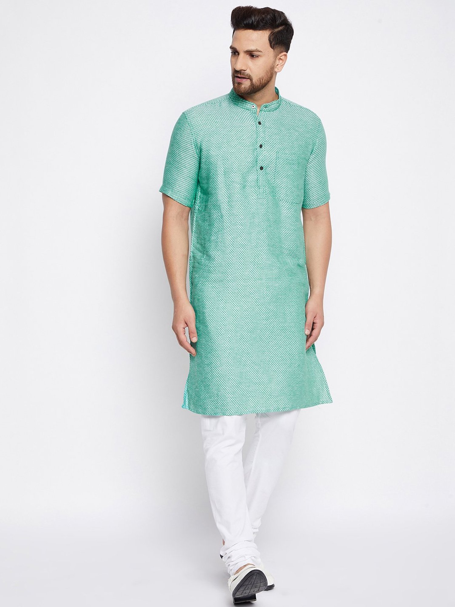 Even Green Self Design Mandarin Collar Kurta
