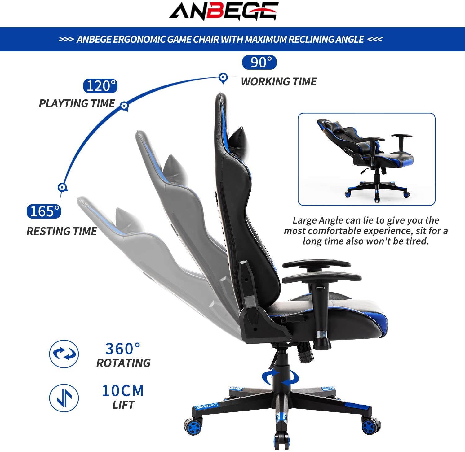 Gaming Chair Ergonomic Racing Style Game Chair Height Adjustable High Back with Massage Headrest and Lumbar Pillow Computer Chair (Blue)