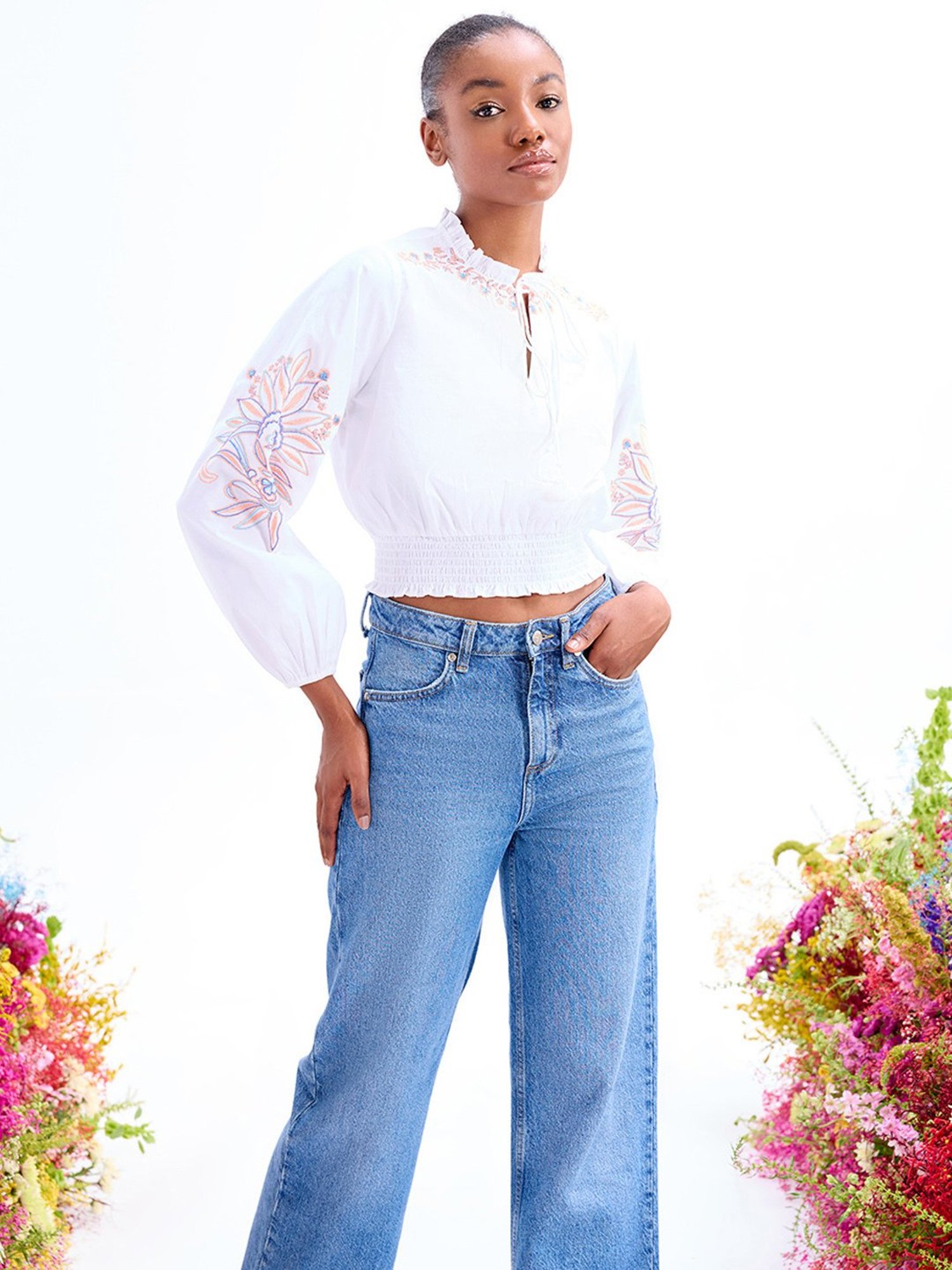 Cover Story White Cotton Embroidered Crop Top