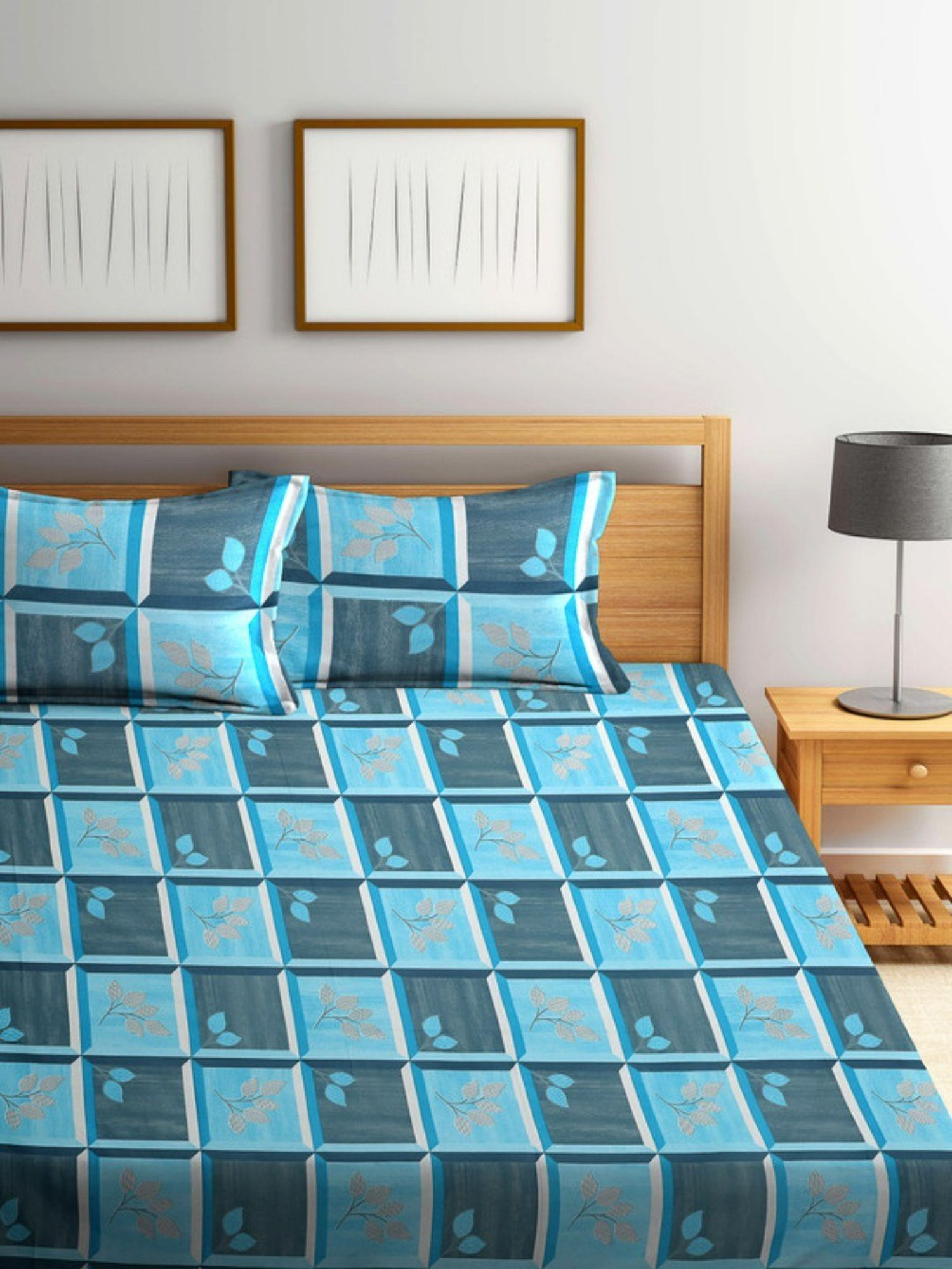 Dhrohar Printed Blue Cotton 180 TC Double Bedsheet with 2 Pillow covers