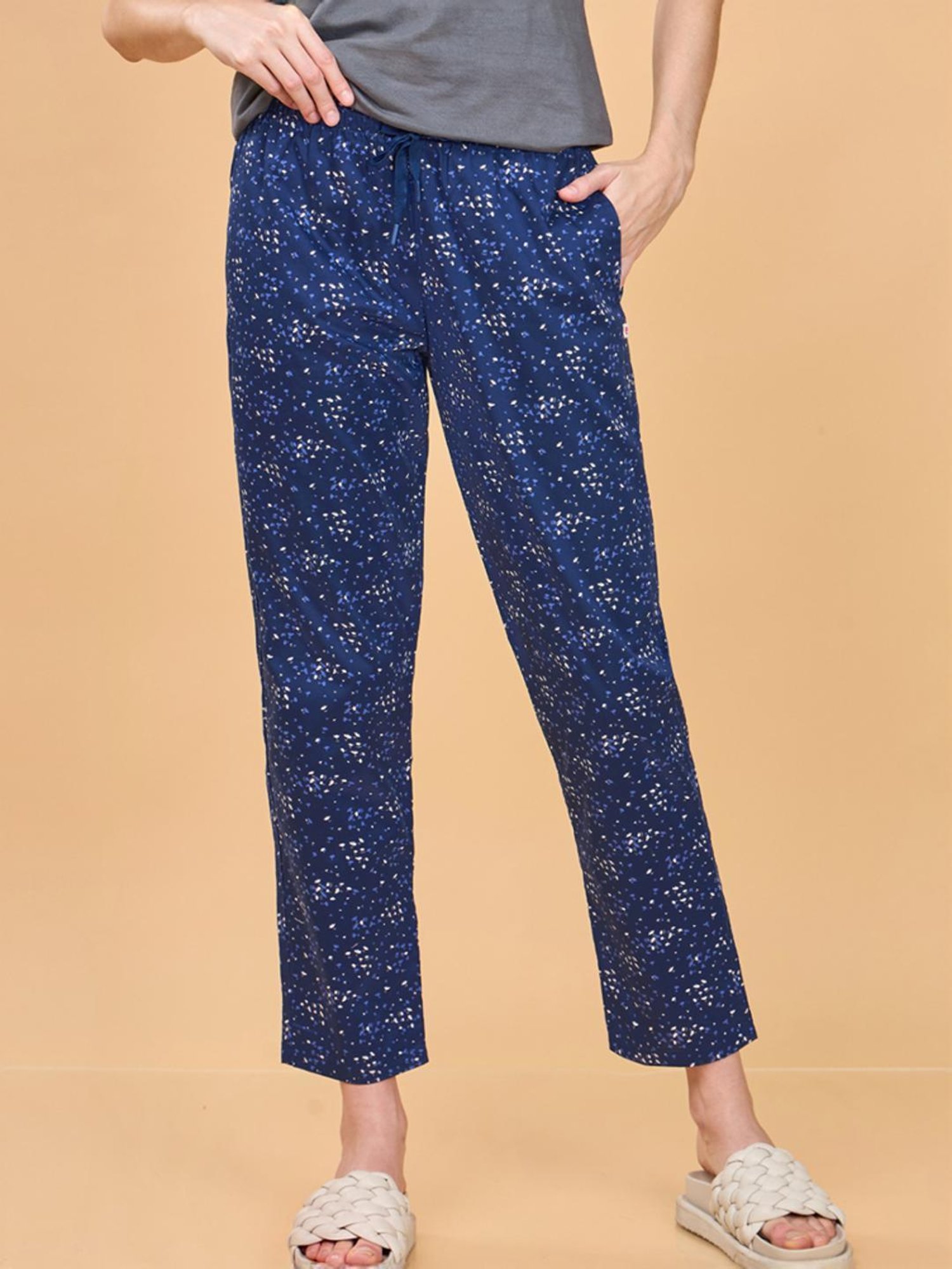 Enamor Medieval Blue Cotton Floral Print Lounge Track Pants