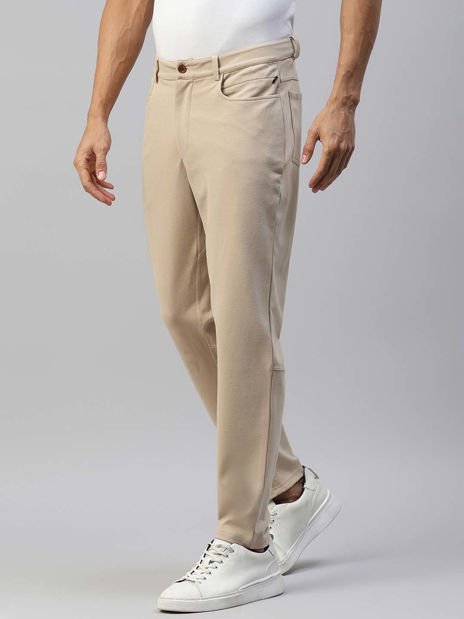 Slowave Beige Regular Fit Flat Front Trousers