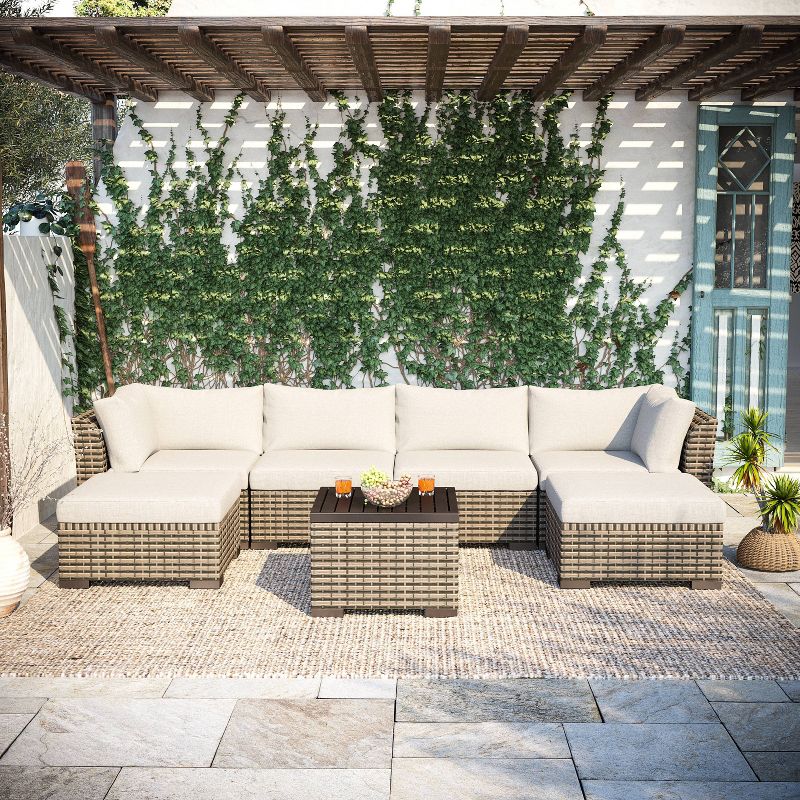 Nolin 7pc Sectional Weathered Brown Frame Sunbrella Spectrum Denim Fabric - La-Z-Boy