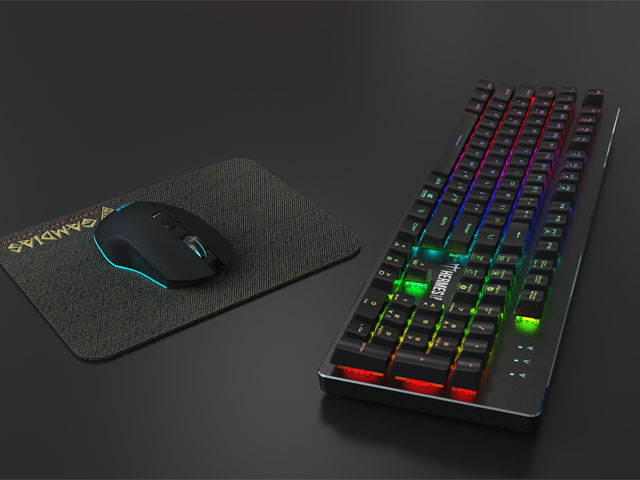 Gamdias Hermes P1B Mechanical Gaming Keyboard with Blue Switches, mouse, and mouse pad.