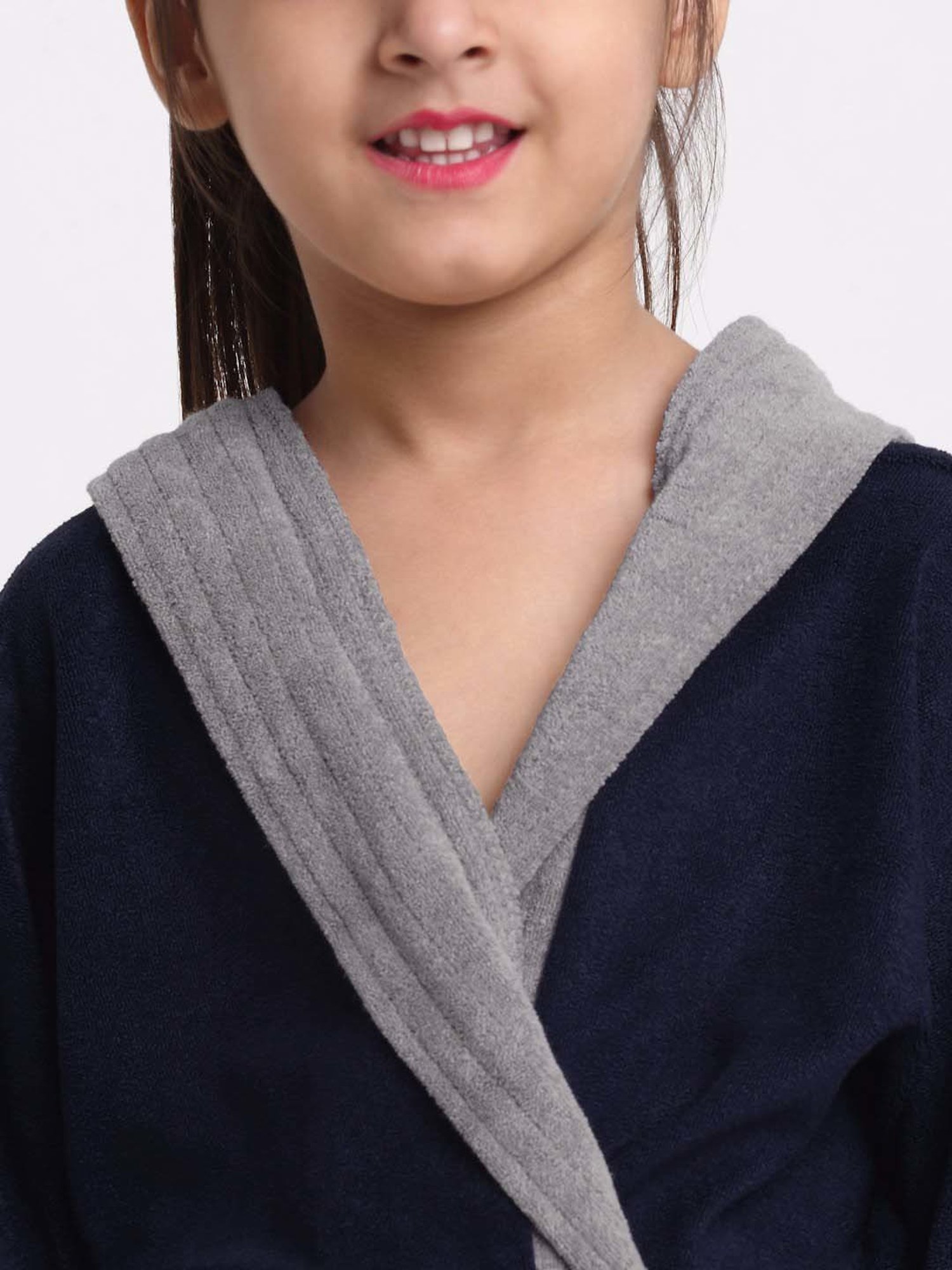 Creeva Melodious Navy & Grey Micro Terry 225 GSM Kids Hooded Bathrobe 14-15 Years With Pocket