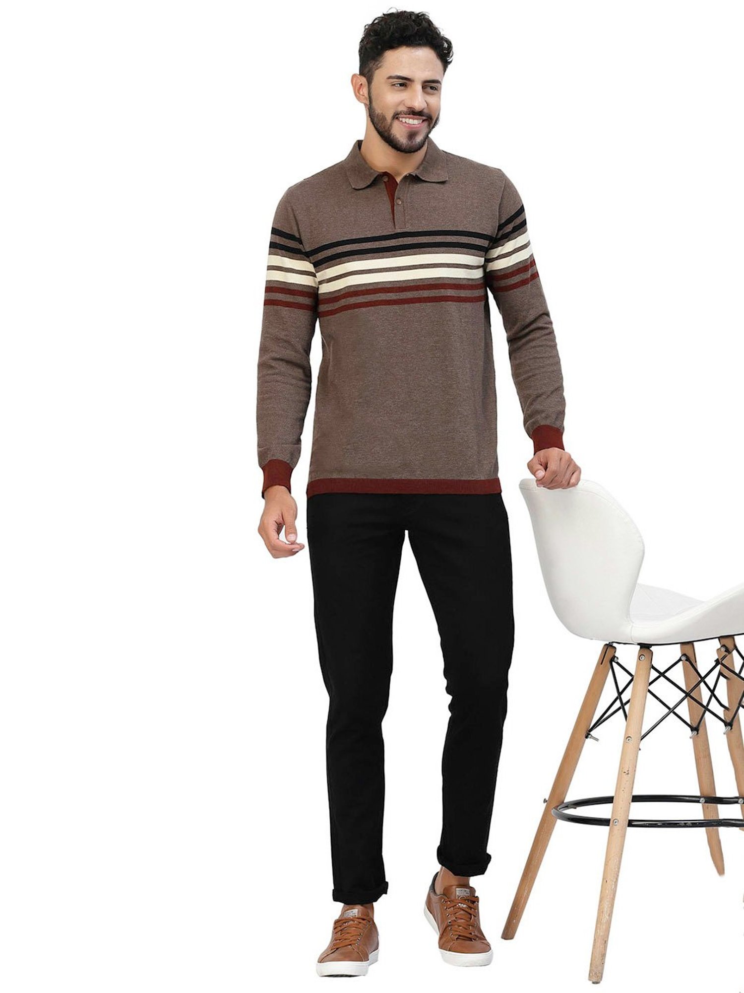 Kalt Brown Regular Fit Striped Polo T-Shirt