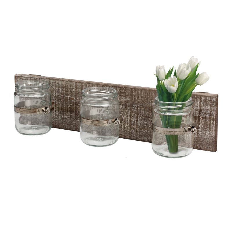 15.7" x 3.7" Rustic Wooden Wall Decor with 3 Glass Jars Worn White/Brown - Stonebriar Collection