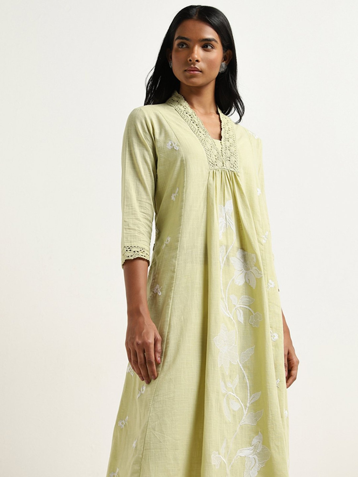 Utsa by Westside Lime Floral Embroidered A-Line Cotton Kurta