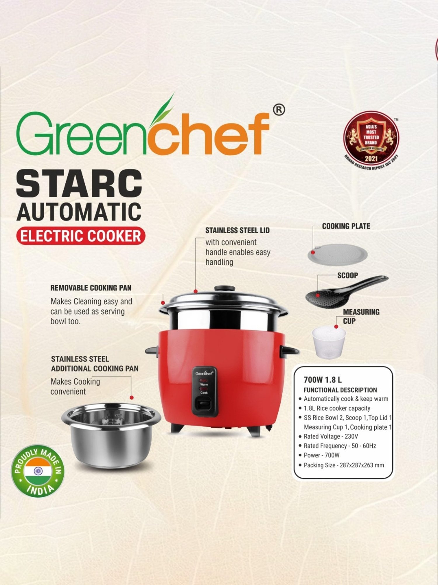 Pigeon Rice Cooker 700W, 1.8L with Single pot & Measuring Cup (Red)