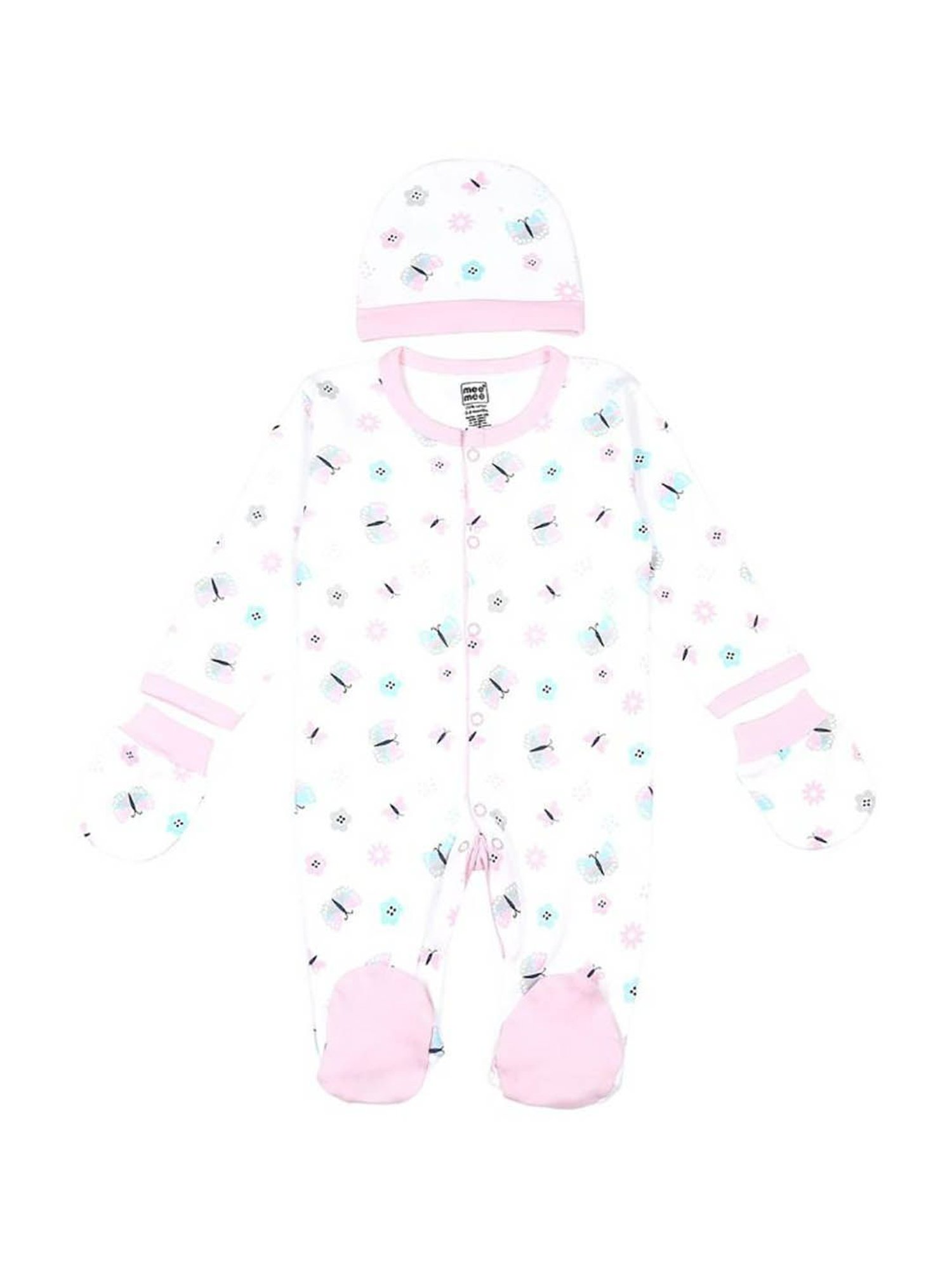 Mee Mee Kids Pink & White Printed Full Sleeves Romper, Bodysuit, Cap, Mittens with Bib