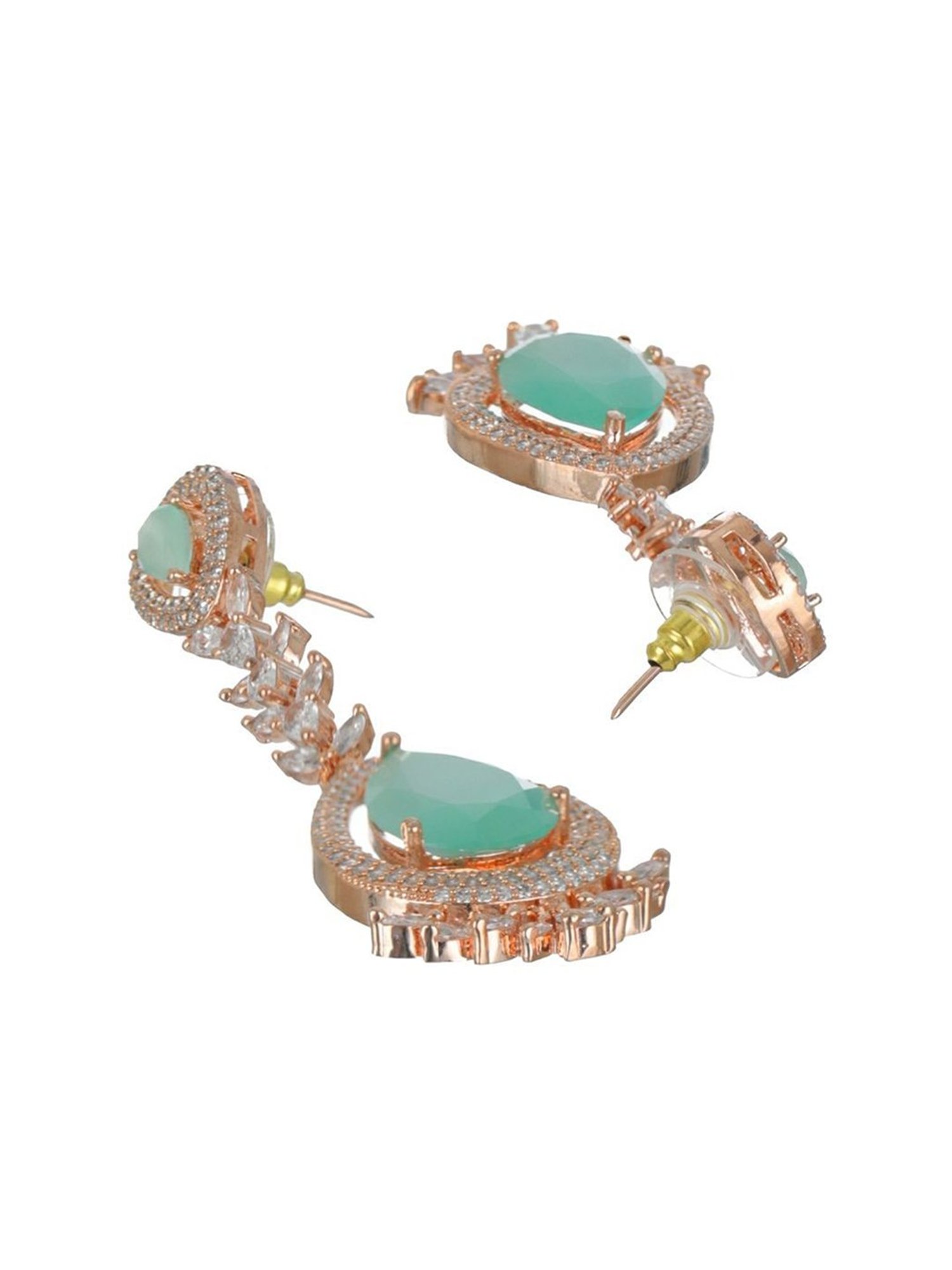 Priyaasi Mint Green Pear Leaf Rose Gold-Plated Earrings