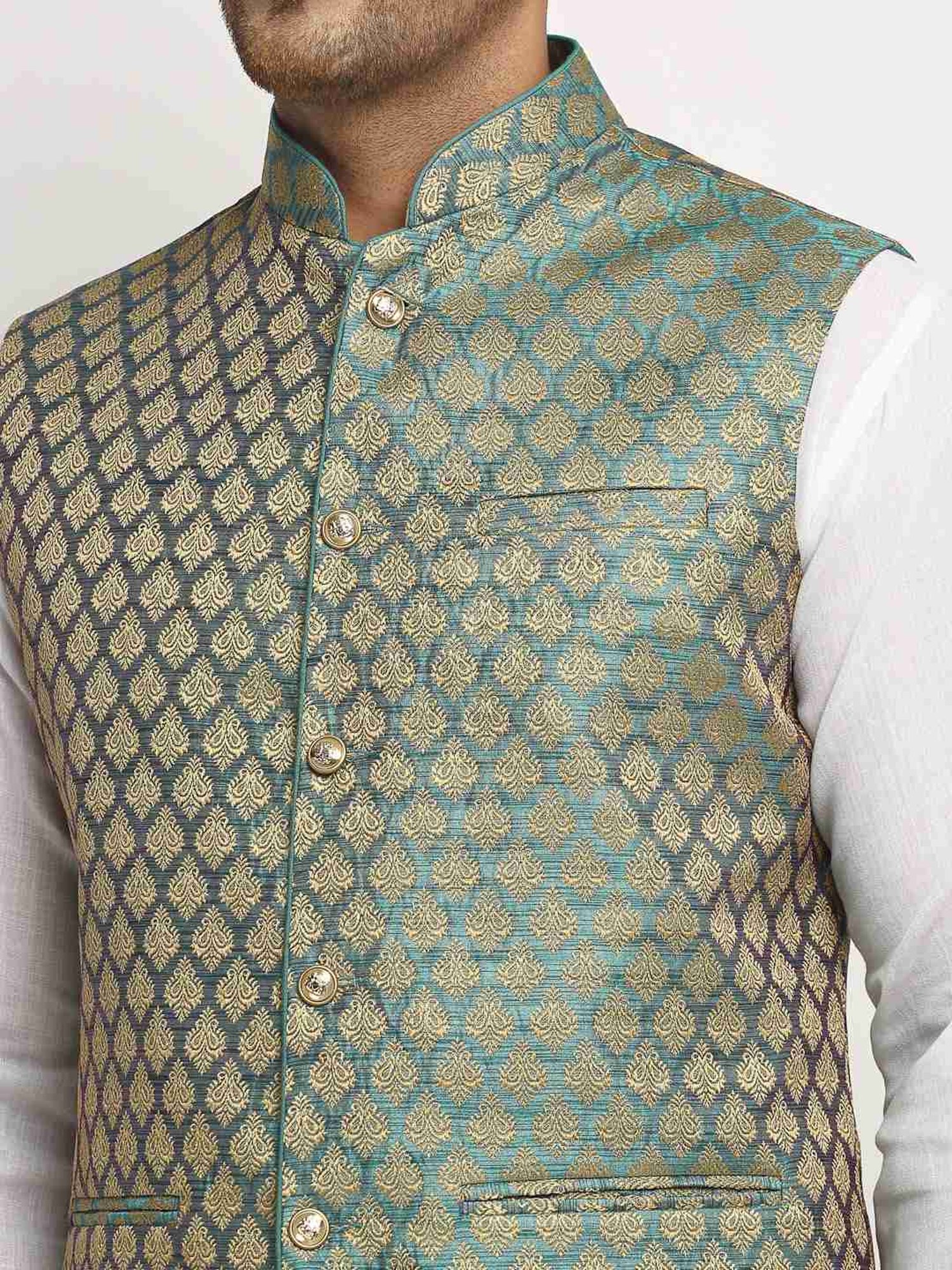 Treemoda Sapphire Blue Regular Fit Self Pattern Nehru Jacket