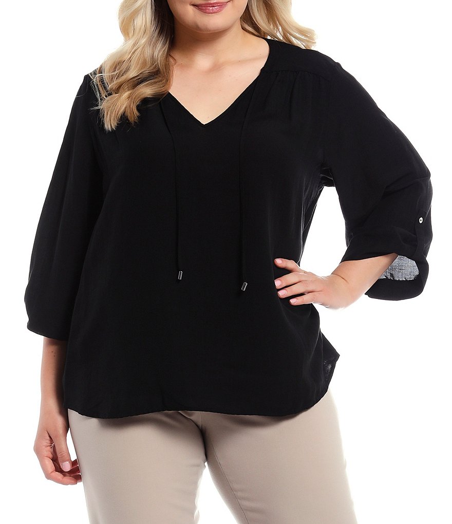 Calvin Klein Plus Size Solid Linen-Blend Tie V-Neck Detail 3/4 Roll-Tab Sleeve Top