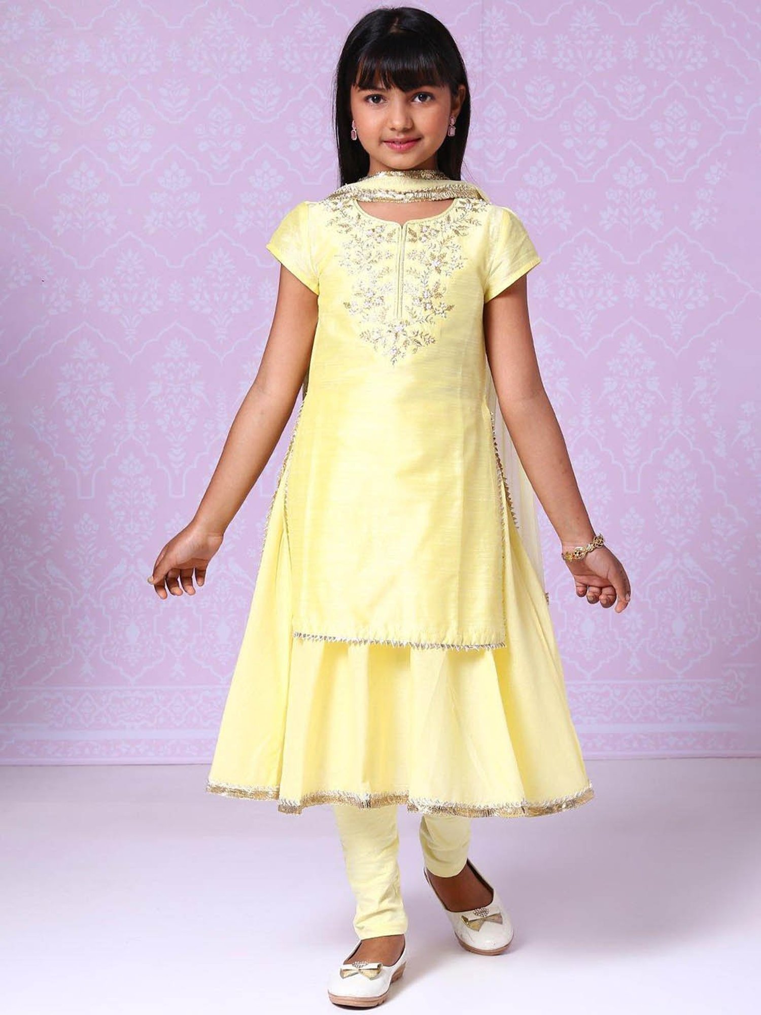 BIBA Girls Yellow Embroidered Anarkali, Leggings with Dupatta