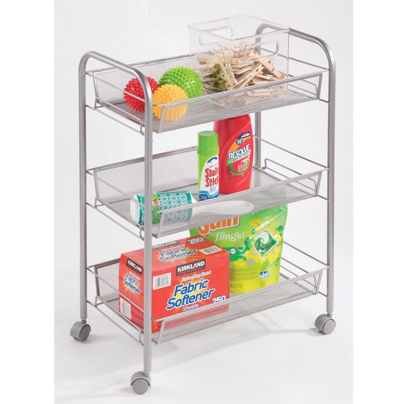 mDesign Portable Metal Rolling Laundry Utility Cart - 3 Shelves -Silver