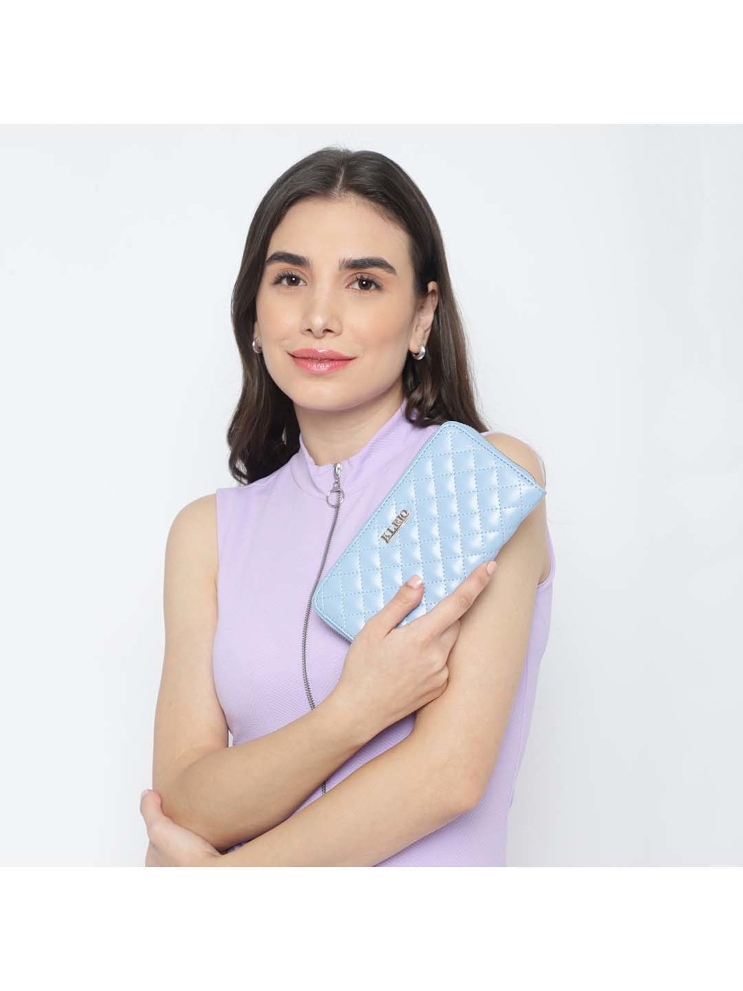 KLEIO Blue Quilted Zip Around Wallet for Women