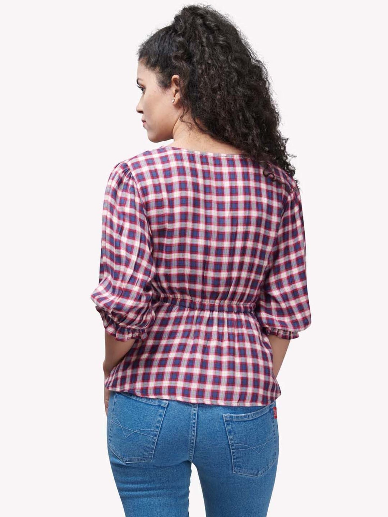 VASTRADO Navy & Red Cotton Chequered Top