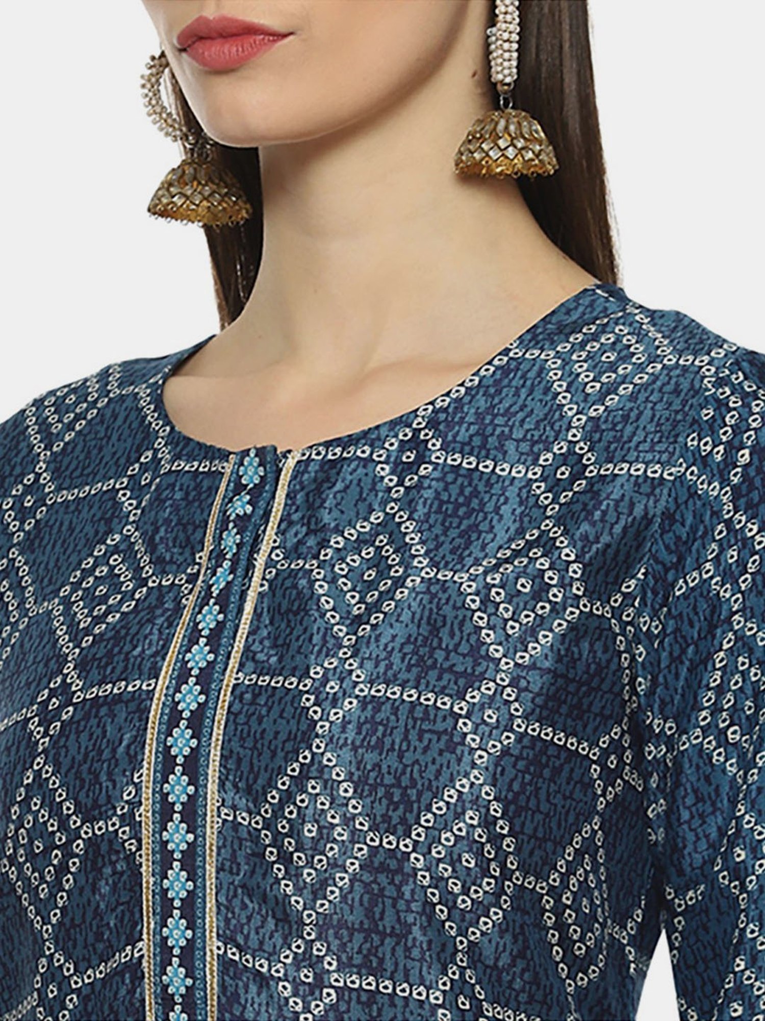 Biba Blue Printed Kurta Pant Set With Dupatta