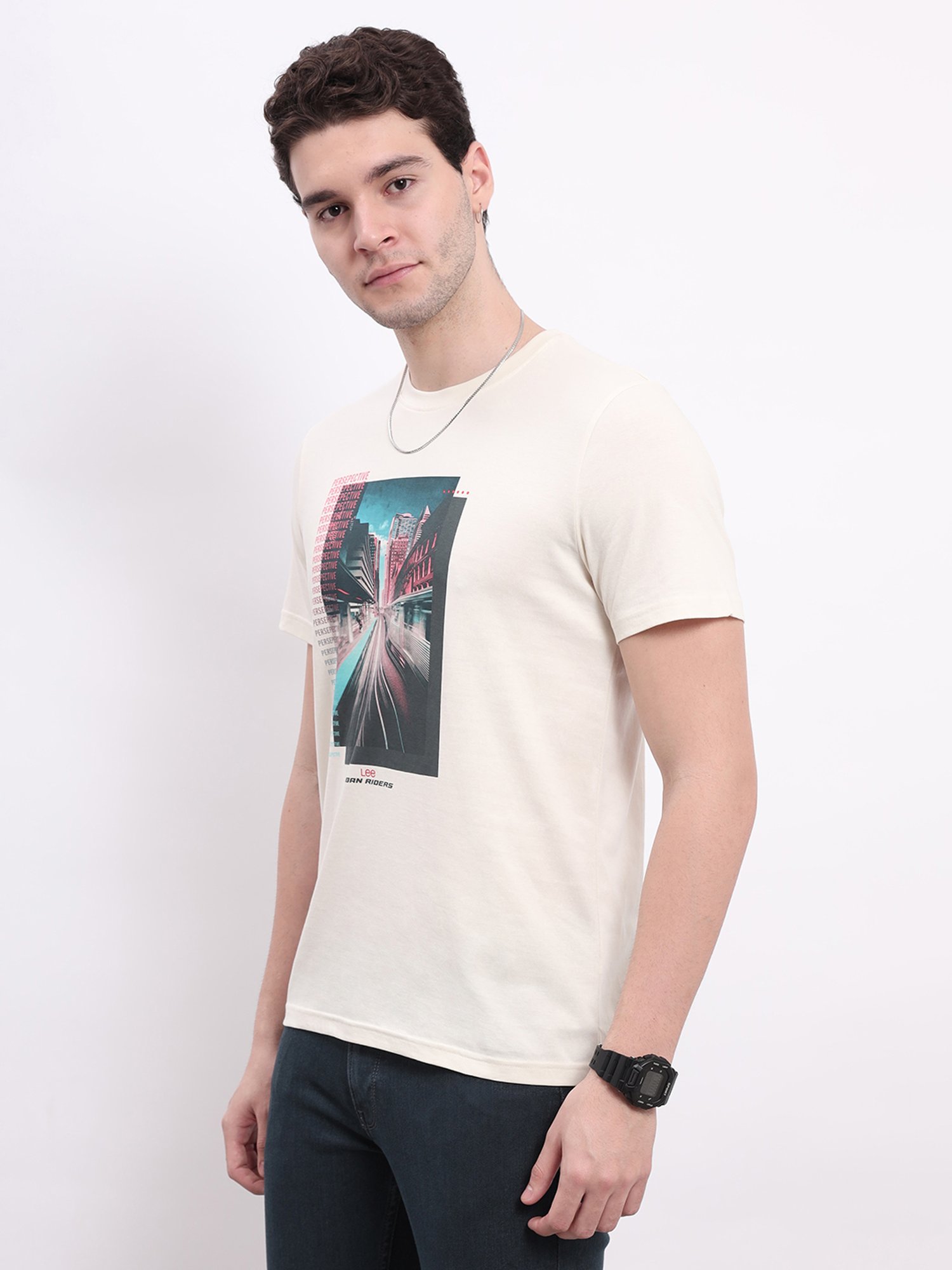 Lee Light Beige Regular Fit Graphic Print Cotton Crew T-Shirt