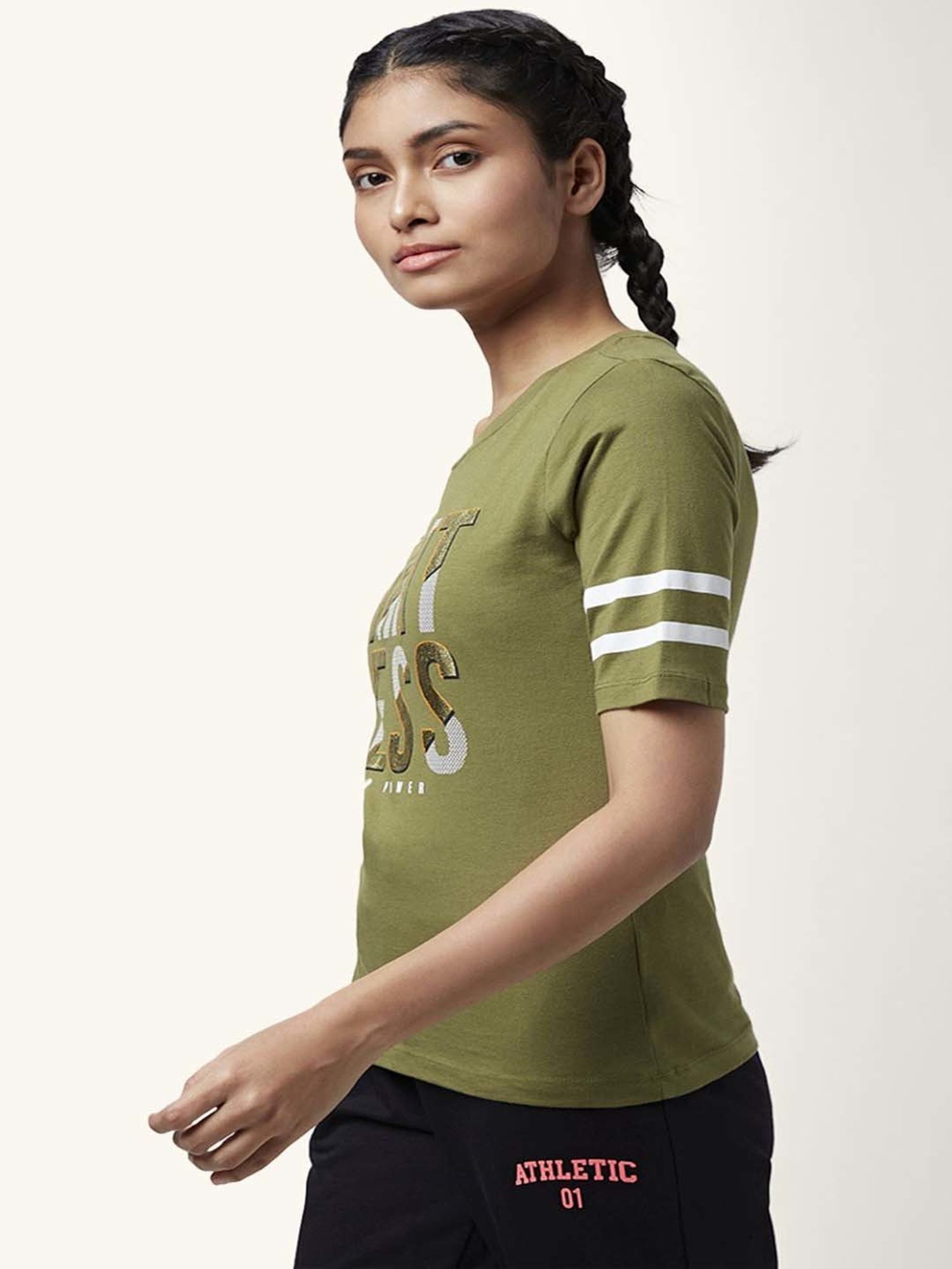 Ajile by Pantaloons Olive Green Cotton Graphic Print Sports T-Shirt