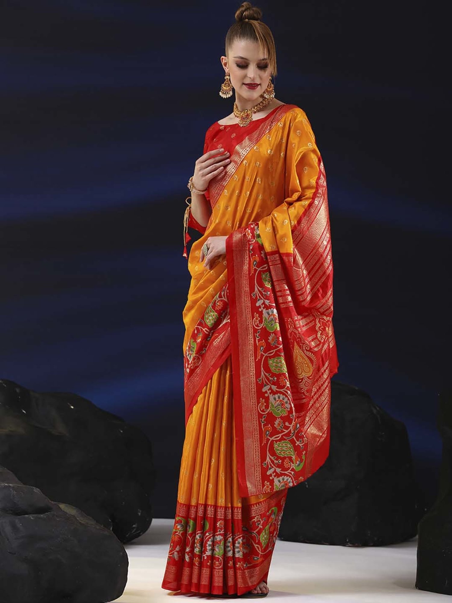 Saree Mall Yellow & Red Silk Woven Saree With Unstitched Blouse
