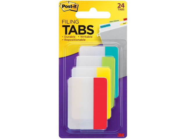 Post-it 686-ALYR Durable File Tabs, 2 x 1 1/2, Red, Yellow, Green, Blue, 24/PK