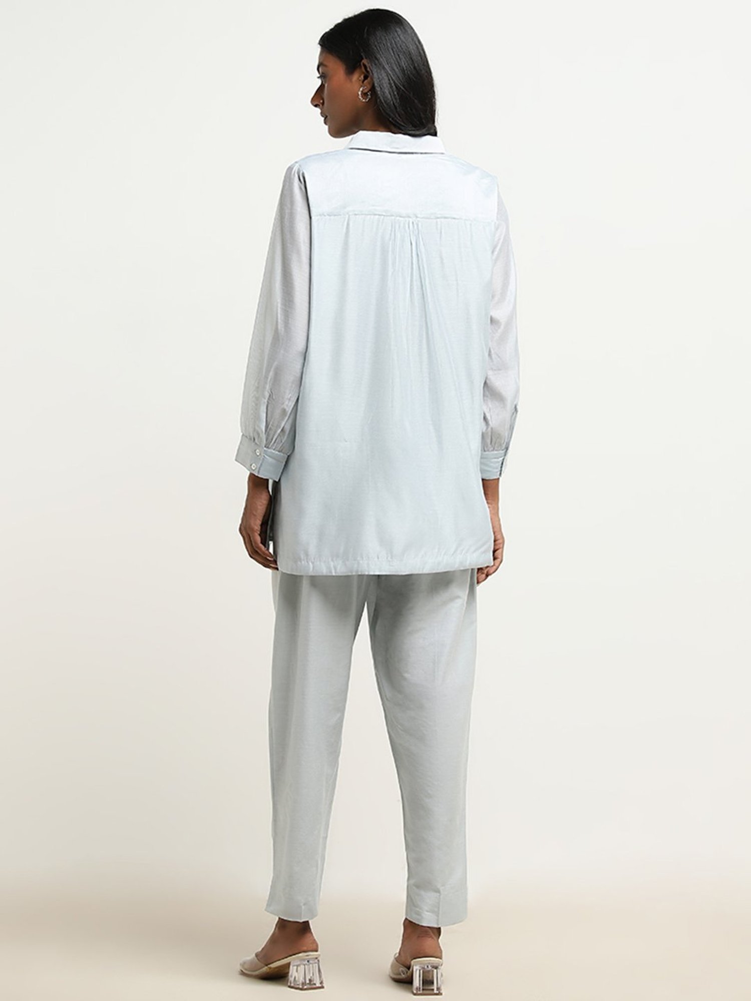 Vark by Westside Light Blue Floral Embroidered Tunic & Ethnic Pants Set