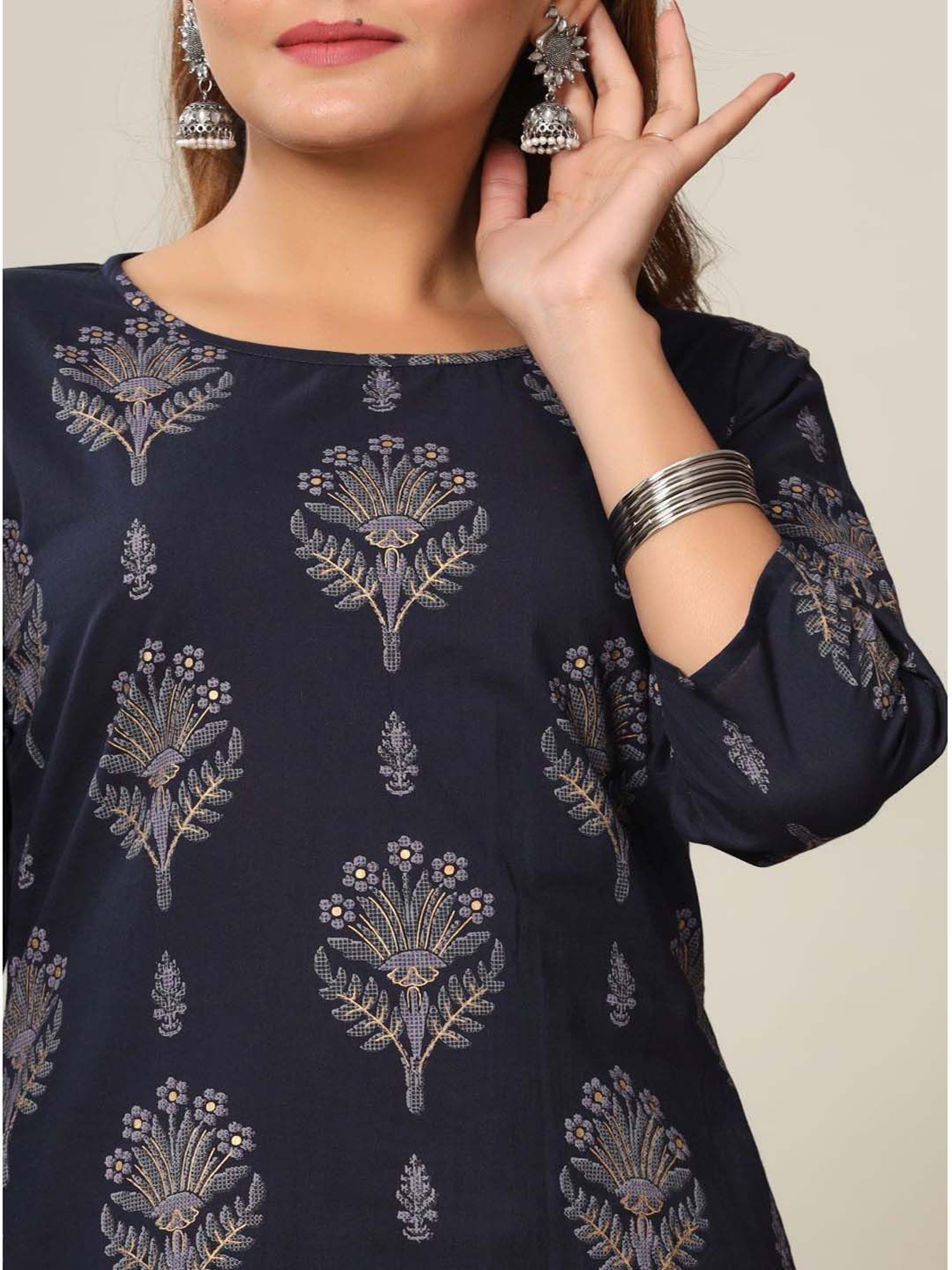Miravan Blue Cotton Printed Kurta Palazzo Set