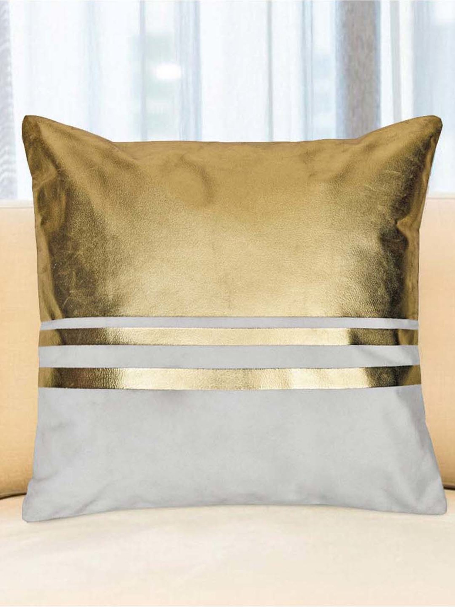 @home Nilkamal Off White & Gold Polyester Cushion Cover