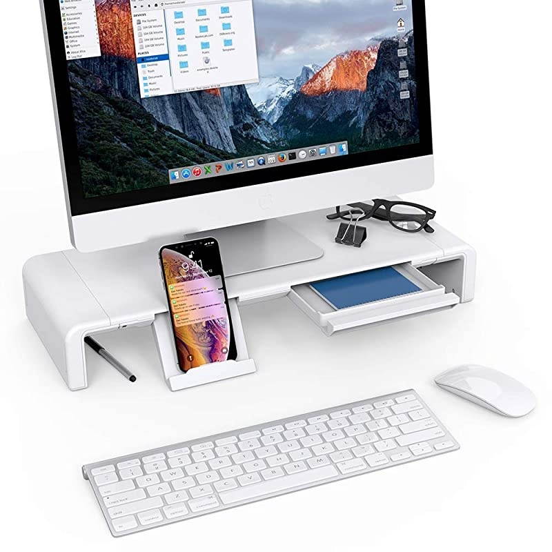 Monitor Stand Riser, Foldable Computer Monitor Stand, Adjustable Computer Stand Desk Organizer with Storage Drawer, Tablet Phone Stand for Laptop PC Printer (White)