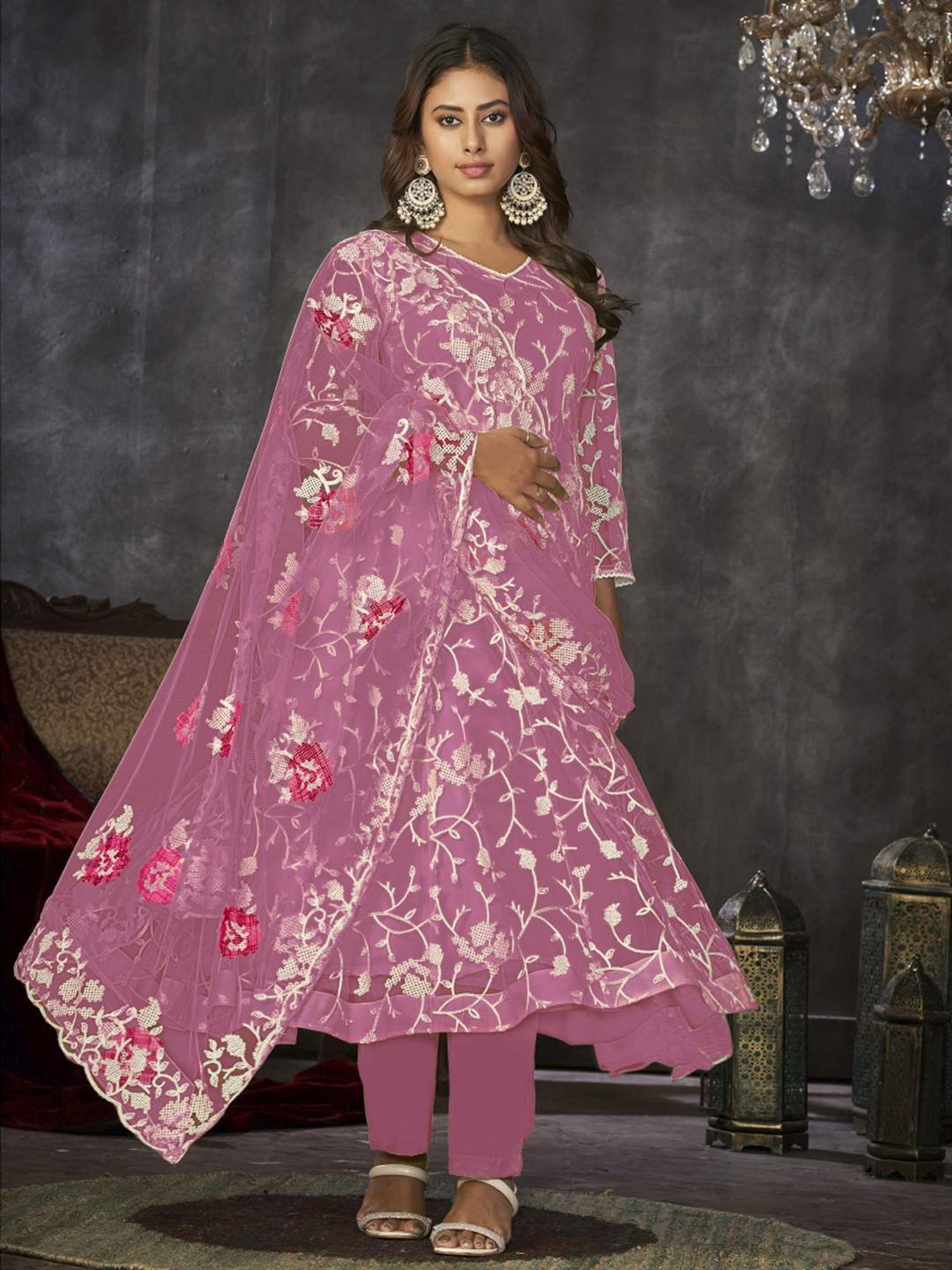 Warthy Ent Pink Embroidered Unstitched Dress Material