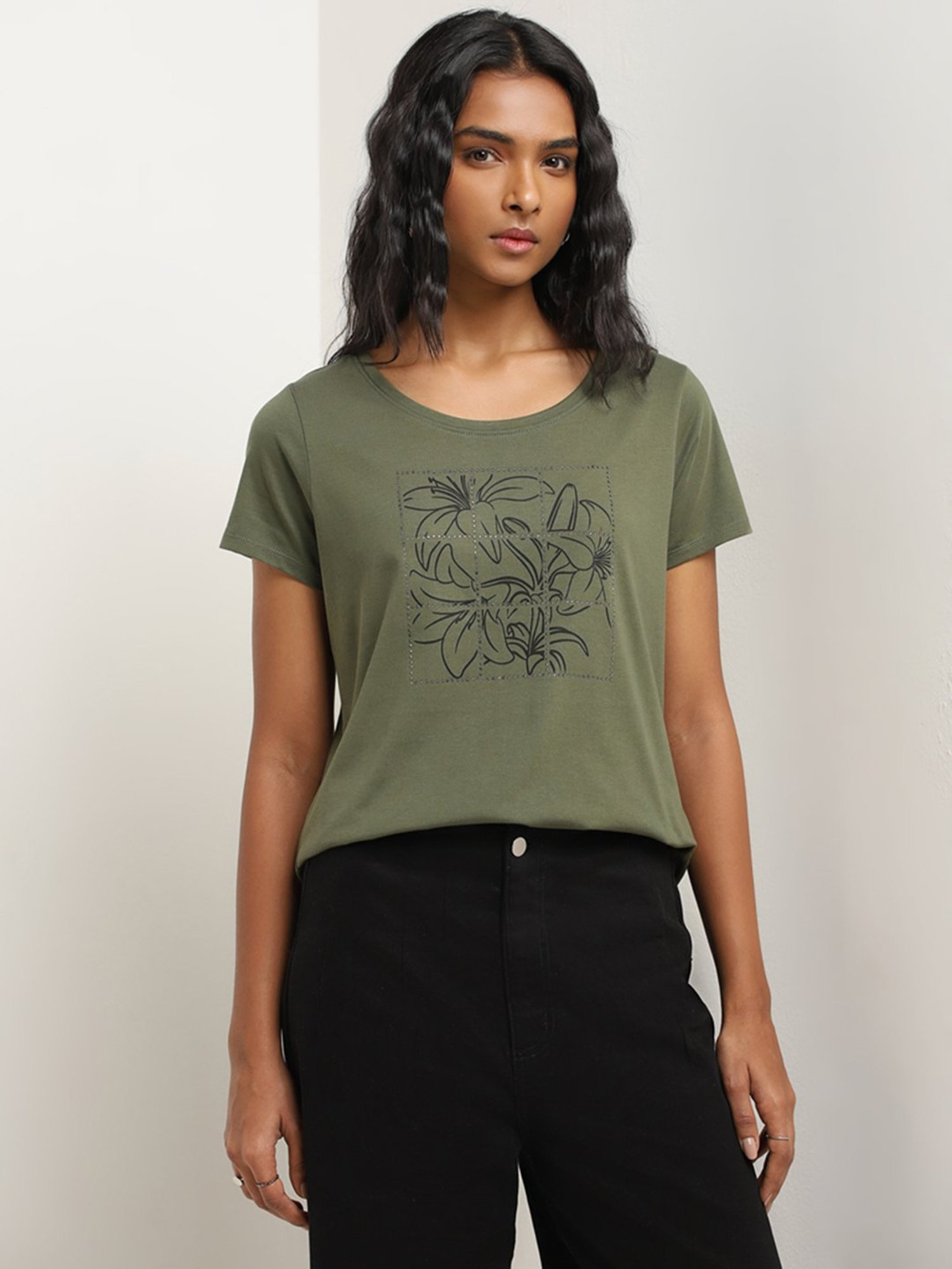 LOV by Westside Olive Floral Printed Cotton T-Shirt