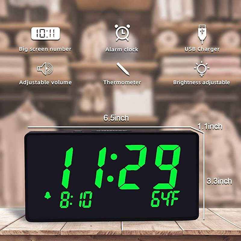 Desk Digital Alarm Clock, Large Numbers Green 6" LED Display, with USB Port for Charging, 0-100% Brightness Dimmer, Temperature, Snooze , Adjustable Alarm Volume,Small Bedside Clocks.