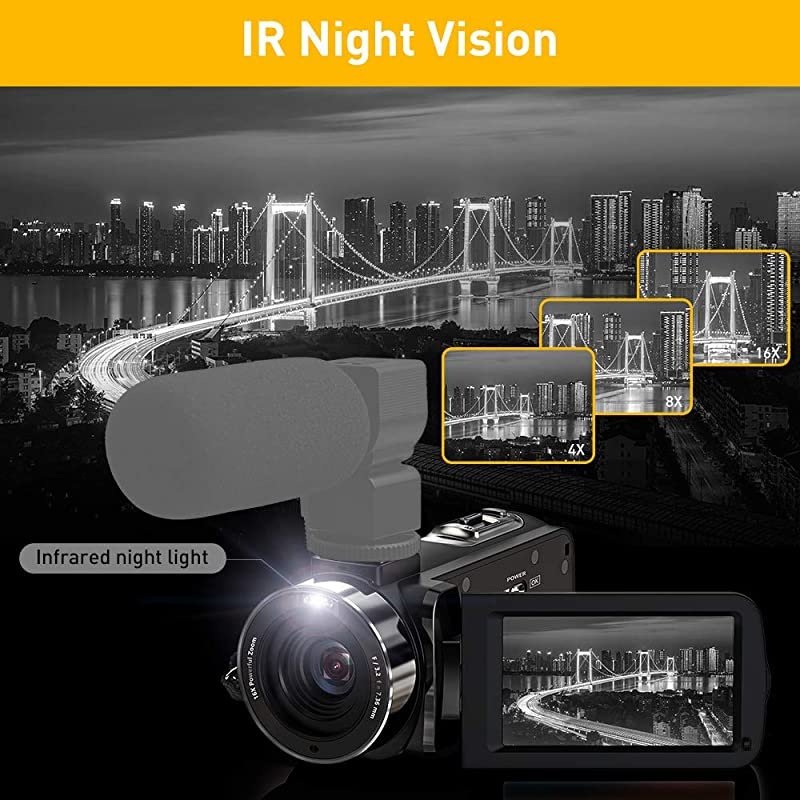 Camera Camcorder Full HD 1080P 36MP 30FPS Digital YouTube Vlogging Camera Recorder with Night Vision 3.0 Inch 270 Degree Rotation IPS Screen 16X Zoom Remote Control, 2 Batteries