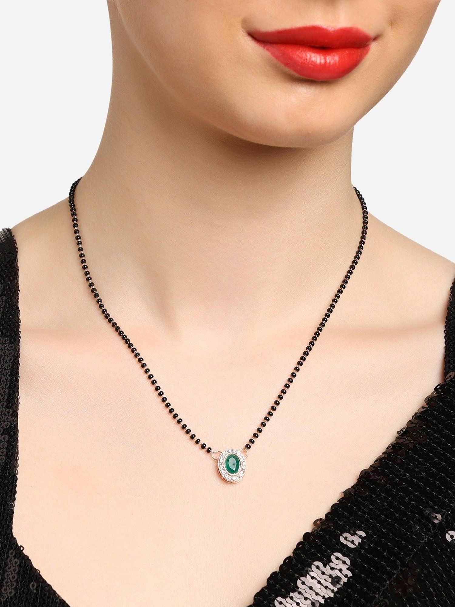 Abdesigns Gold-Plated American Diamond & Black Beaded Mangalsutra